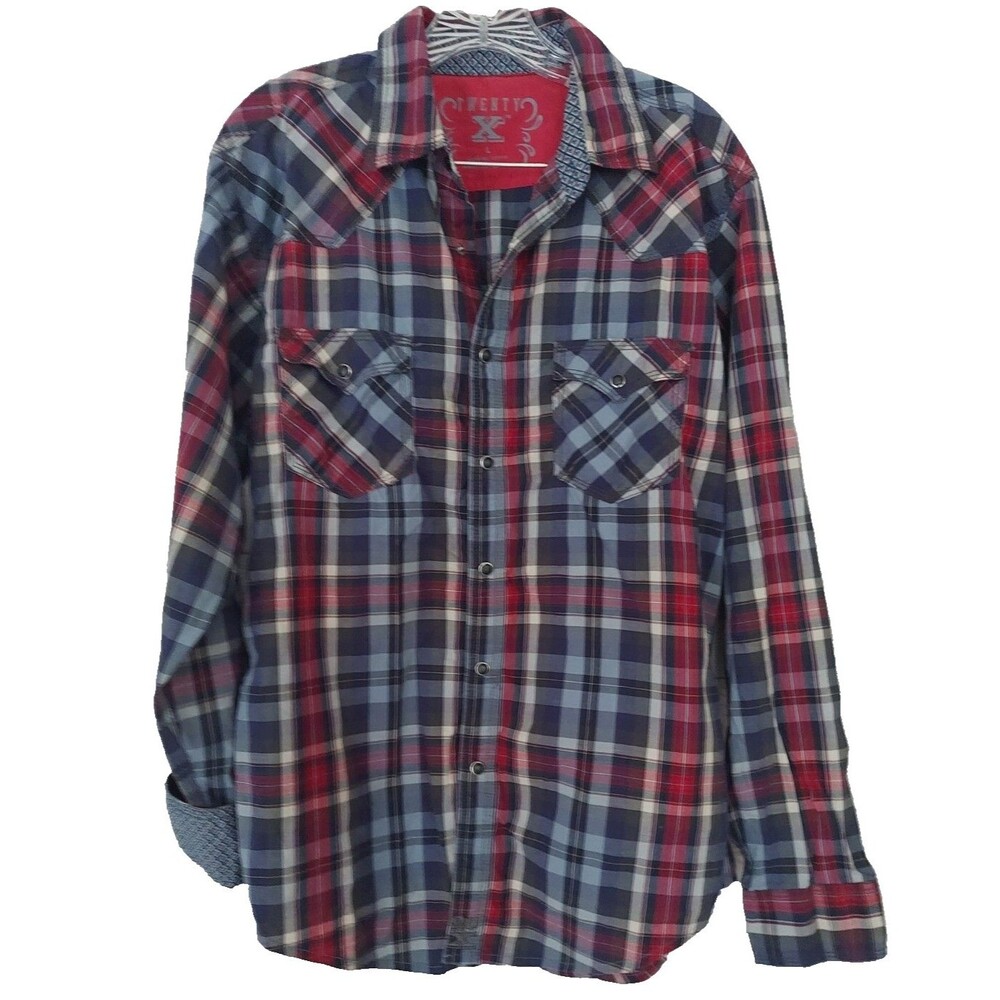 Mens Wrangler 20X Western Plaid Pearl Snap Shirt Large Long Sleeve Red Blue